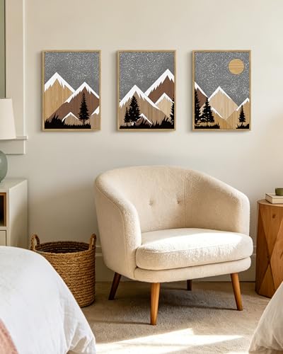 KUVIOKE Morden Mountains Framed Wall Art Boho Pine Tree Forest Nature Landscape Artwork Painting Bohemain Farmhouse Rustic Home Decor 12x16in (Natural Framed) - color: Wooden Mountain Night, size: 12 x 16in x 3 Panels Natural