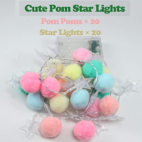ChiRee Indoor String Lights 6.56 Feet Pom Poms Star Lights 20 LED Battery Operated String Fairy Lights Warm White Star Lights Colorful Decor Lights for Home Bedroom Kids Playhouse Holiday Christmas - style: Star-Pink and Blue