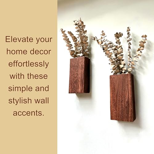 LaLaGreen Wood Wall Planters (8 Inch, 2 Pack) 12 Stalks of Eucalyptus Dried Leaves, Wooden Box Vase for Indoor Hanging Planter Flower Rustic Decor Home Living Room Bathroom Modern Farmhouse Decoration - color: Eucalyptus