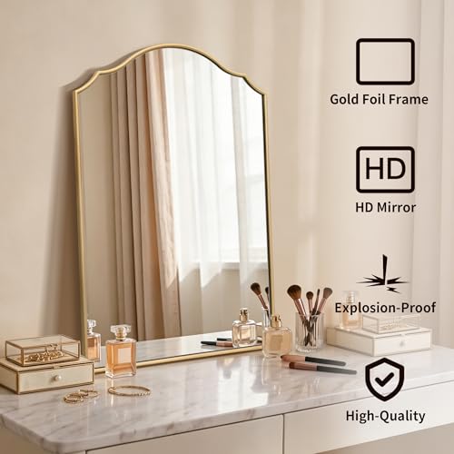 Besdomus Scalloped Gold Mirror for Bathroom: 24"x36" Minimalist Modern Arched Mirror - Wooden Frame Wall for Vanity/Bedroom/Mantle/Entryway/Fireplace/Hallway - Idea for Housewife - color: Gold Leaf, size: 36"L x 24"W