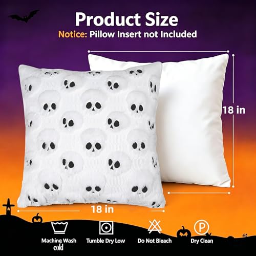 Halloween Throw Pillow Covers 18 in x 18 in, White Jacquard Plush Faux Fur Pillow Cases Embroidered Skull Couch Covers Set of 2 - color: White Skull