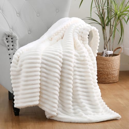 Cream White Sherpa Fleece Throw Blanket 50”×60” for Couch Sofa Bed, Double Side Soft Fuzzy Cozy Plush Thick Flannel Blanket with Striped Design Gift for Adults,Woman,Girls - color: Cream White, size: 50×60inch