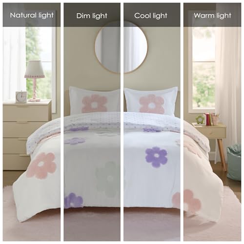 Intelligent Design Kids Full Duvet Cover Set for Girls, Tufted Chenille Floral Duvet Set Queen, Lightweight Polka Dot Reversible Bedding Cover, Gracie, Full/Queen White/Purple 4 Piece - color: White/Purple, size: Full/ Queen