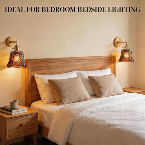 2 Pack Vintage Wall Sconces, Amber Wind Chime Glass Shade Wall Lamp with 2 Natural Light Bulbs, Hardwired Design with Rotary Switch, Decorative Light for Bedroom Hallway Living Room - color: Amber 2pcs Flower Wall Light