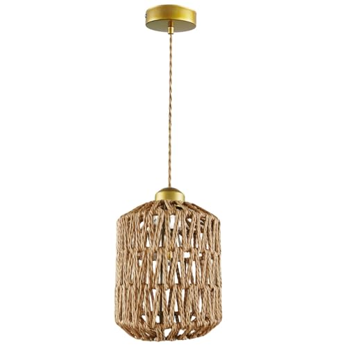 Hand-Woven Hemp Rope Pendant Light, Shell-Shaped Boho Ceiling Lamp with Adjustable Height, E26 Base, Gold Finish, 6 Inch Diameter for Living Room/Bedroom/Dining Areas, cafes & entryways - color: 6”drum-shaped
