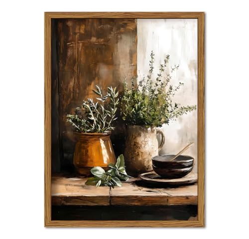 Framed Vintage Kitchen Wall Art, Rustic Herbs Pictures Wall Decor Paintings, Farmhouse Cottagecore Botanical Canvas Prints Moody Home Decor Aesthetic for Dining Room Living Room 12x16 inch - color: Herbs, size: 16"L x 12"W