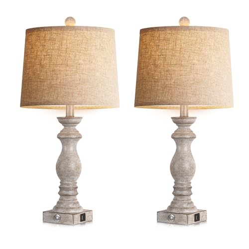 24.5" Table Lamp Set of 2, Rustic Farmhouse Bedside Lamps with USB A+C Charging Ports, 3-Way Dimmable Touch Control Nightstand Lamps for Living Room Bedroom, Antique Grey White, LED Bulbs Included - color: Antique Grey White