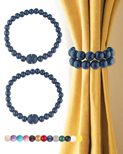 Curtain Tiebacks Magnetic Boho Decor: Wood Bead Curtain Tiebacks with Strong Magnets Closure, Decorative Curtain Pullbacks Drapery Tiebacks Magnetic Curtain Holder for Drapes & Curtains (Navy Blue, 2) - color: Navy Blue