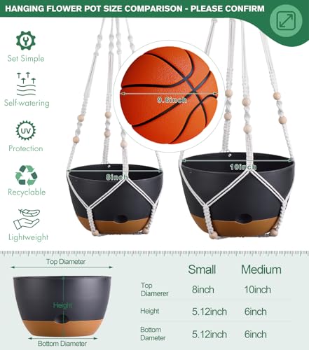 montresor Set of 2-8 Inch Hanging Planters for Indoor Plants with Self-Watering Includes Hanging Pots for Plants, Outdoor Hanging Plant Pot with Drainage, and 2 Types of Baskets Hangers (Black) - color: Black, size: 8inch