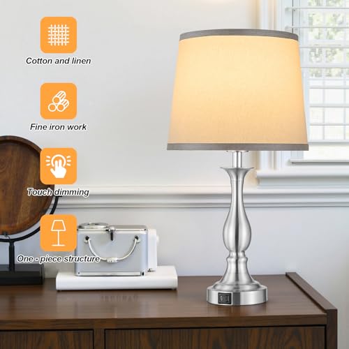 Bedside Table Lamp Touch Control Bedroom Lamps with USB A + C Charging Port 3 Way Dimmable Touch Lamps for Nightstand Living Room Bedroom Dorm Home Office Reading, Set of 2 (Grey Shade & Nickel Base) - color: Grey Shade & Nickel Base