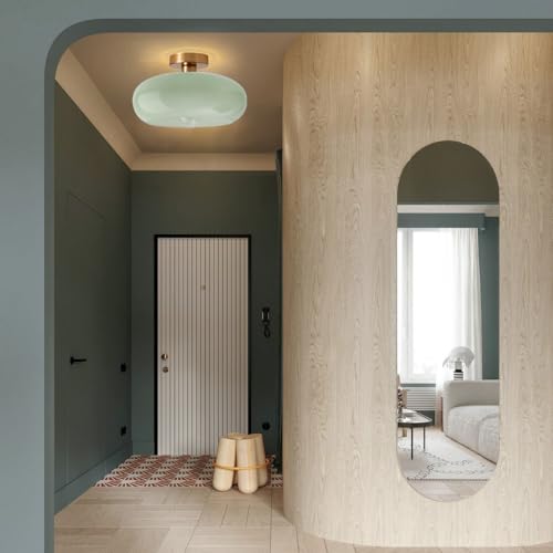 Mid Century Ceiling Light Milk Glass Ceiling Light fixtures Round Dome Shade Gold Brass Modern Semi Flush Mount Ceiling Light, Milk Green Ceiling Lamp for Hallway Dining Room Kitchen - color: Flush Milk Green 2