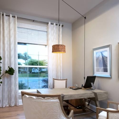 HuisMier Rattan Plug in Pendant Light with 15 Ft Plug in Cord, Wicker Woven Lampshade Hanging Lamp with Dimmable Switch, Plug in Boho Hangiing Light Fixture for Kitchen Island Bedroom Dinning Room - color: Brown Cylinder