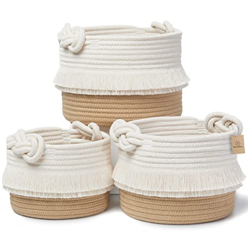 NaturalCozy 3-Piece Decorative Storage Basket Set – Cotton Rope Woven Baskets for Organizing! Small Basket for Nursery Baby Stuff, Gift Basket, Montessori, Dog Toy Bin, Cat Basket, Bathroom Shelves - color: Off White & Tan Brown