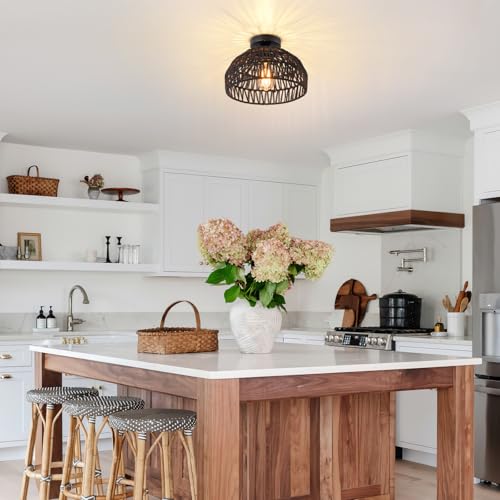 Black Rattan Ceiling Light Fixtures Boho Chandelier Small Woven Flush Ceiling Mount Lighting Fixture Close to Ceiling Light for Bedroom Kitchen Entryway Nursery Lights Hallway - color: Black