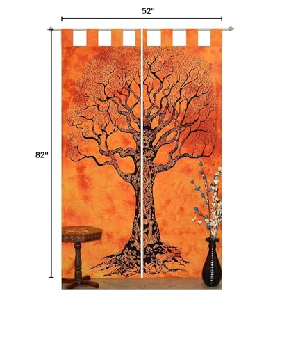Indian Tie Dye Tree of Life Tapestry Mandala Window Curtain Bedroom Window Valances Hippie Girls, Boys Room Divider 1 Pair Balcony Wall Panel 82 x 26 Inches Sun Protection Curtains - color: Orange, size: 52"W x 82"L (Pack of 1)