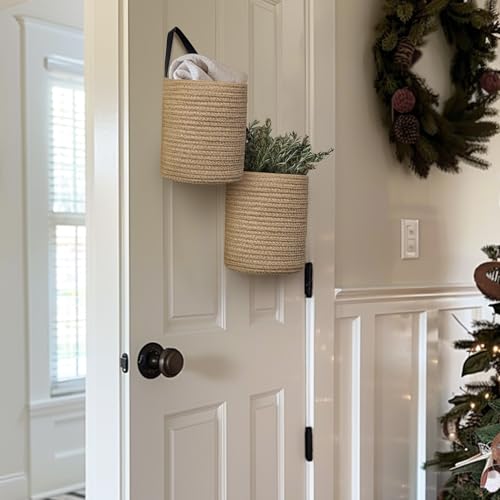Hanging Basket 2 Pack, Small Wicker Wall Baskets for Organizing, Woven Boho Wall Hanging Decor, Indoor Plant Holder, Cotton Rope Door Organizer, Shelf Storage Bin, 7"D x 8"H (Jute) - color: Jute