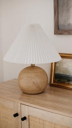 JONATHAN Y 17.25" Beige Wood Finish/White Sphere Table Lamp, Mid-Century Bedside Nightstand with Beige Pleated Linen Shade, Scandinavian Coastal Style, LED Bulb Included (JYL1145B) - color: Beige Wood Finish