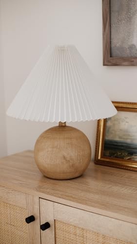 JONATHAN Y 17.25" Beige Wood Finish/White Sphere Table Lamp, Mid-Century Bedside Nightstand with Beige Pleated Linen Shade, Scandinavian Coastal Style, LED Bulb Included (JYL1145B) - color: Beige Wood Finish