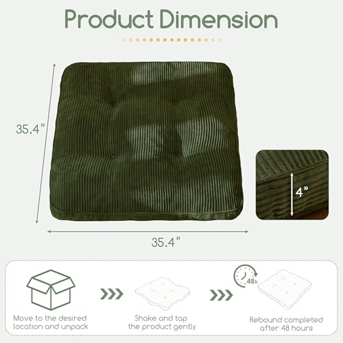 HIGOGOGO 35" Floor Pillow Cushion for Adults, Meditation Cushion Pillow, Extra Large Square Floor Sitting, Tufted Corduroy Cover for Tatami Living Room or Yoga, Dark Green - color: Dark Green, size: 4" Thick Square