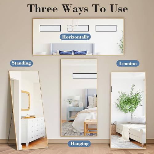 DUMOS Full Length Mirror with Stand 24"x65" Floor Standing Aluminum Frame for Bedroom Body Hanging Leaning Modern Simple Home Decor Shatter-proorf Nano Glass Wall Living Room Cloakroom, Gold - color: Gold-rect Edge, size: 65"L x 24"W
