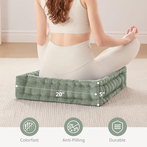 Intelligent Design Floor Pillow - Shredded Foam Filled Meditation & Yoga Cushion, Chenille Tufted, Handsewn Scalloped Edge, Oeko-TEX Certified, Azza, 20" x 20" x 5" Desert Sage - color: Desert Sage