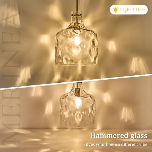 12" Farmhouse Pendant Light, Hand-Blown Clear Hammered Glass Hanging Light Fixture with Brass Gold Finish, Adjustable Chain Ceiling Light for Kitchen Island, Dining Room, Hallway, E26 Socket - color: Chain Gold