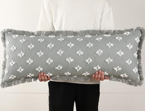 Boho Long Lumbar Pillow Cover 16x36 with Tassel Fringe,3D Flower Patterned Extra Decorative Long Lumbar Pillow Cover Case for Sofa Couch Bed Livingroom Farmhouse,Blue Grey - color: Blue Grey, size: 36" x 16" (Pack of 1)