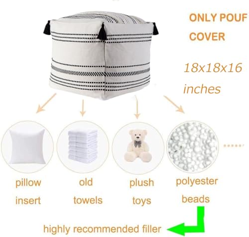 MOCOFO Boho Square Pouf Cover Unstuffed – Tufted Woven Ottoman Footstool with Corner Tassels, Storage Bean Bag Floor Cushion for Living Room Bedroom, 18"x18"x16" (Cover Only) - color: Black, size: 16"D x 18"W x 18"H