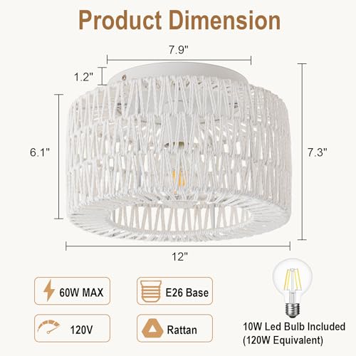 SineRise Rattan Ceiling Light Fixtures (12-Inch, LED Bulb Included), Hand-Woven Boho Flush Mount Ceiling Light, Rattan Chandelier for Hallway Kitchen Farmhouse Foyer Entryway Living Room(White) - color: White, size: Small