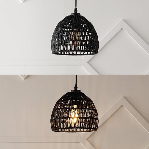 JONATHAN Y 8.25" Black Modern Bohemian Woven Rope LED Pendant Light Fixture, Adjustable Dome Ceiling Lamp for Kitchen Island, Rope Shade, Coastal Farmhouse Decor (JYL6512B) - color: Black, size: 8.25"