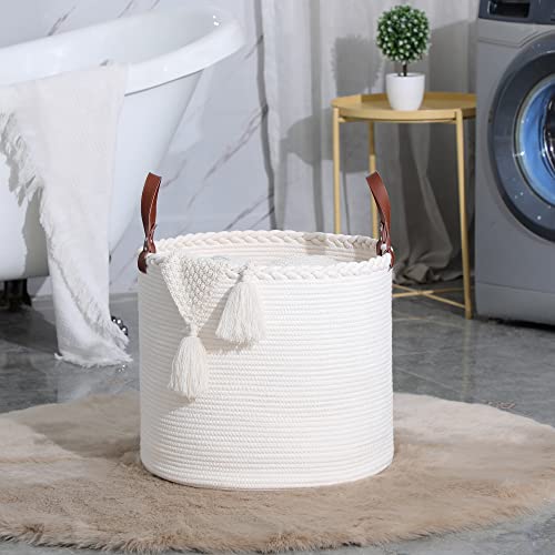 KAKAMAY Large Blanket Basket (18"x16"),Woven Baby Laundry Hamper,Cotton Rope Blanket Basket for Nursery, Laundry, Living Room, Pillows, Baby Toy chest with Leather Handles (White) - color: White
