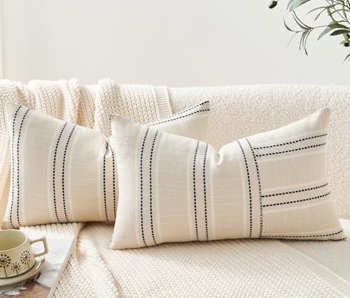 Throw Pillow Covers Set of 2 12x20 Inch Striped Pillow Covers, Soft Decorative Cotton Lumbar Neutral Navy Blue Textured Case for Couch Sofa Bed Living Room, Home Modern Farmhouse Cute Decor - color: Navy Blue, size: 20" x 12" (Pack of 2)