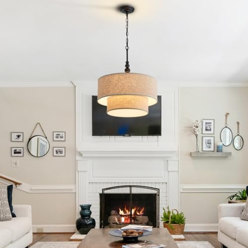 Shrine Lighting Double Drum Chandeliers, Farmhouse Style, Perfect Drum Pendant Light for Dining Room, D20'' x H10'', Adjustable Chains 55'', E12*4 Sockets, Beige Linen Fabric Lampshade & Black Rod - color: Beige&Double D20''