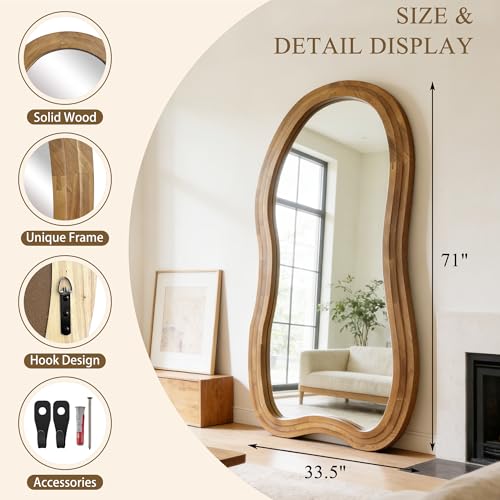 Irregular Full Length Mirror, 71"x33.5" Oversized Organic Floor Mirrors with Triple-Layer Solid Wood Frame, Asymmetrical Full Body Mirror for Living Room Entryway Hallway, Leaning/Hanging - color: Natural, size: 71"L x 33.5"W