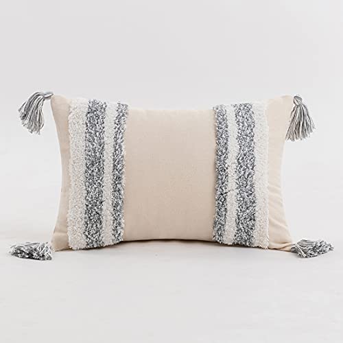 Boho Lumbar Throw Pillow Cover Tufted Woven Decorative Pillowcase with Tassel Rectangle Farmhouse Stripe Cushion Cover for Sofa Bed Living Room (Gray,12x20 Inch) - color: Gray, size: 20" x 12" (Pack of 1)