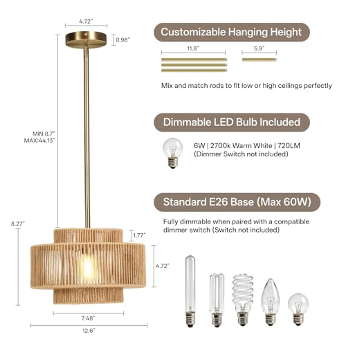 Boho Rattan Pendant Light, 12.6" Hand-Woven Wicker 1-Light Chandelier with Gold Metal Finish, Adjustable Hanging Ceiling Lamp for Kitchen Island, Dining Room, Bedroom, Coastal Farmhouse