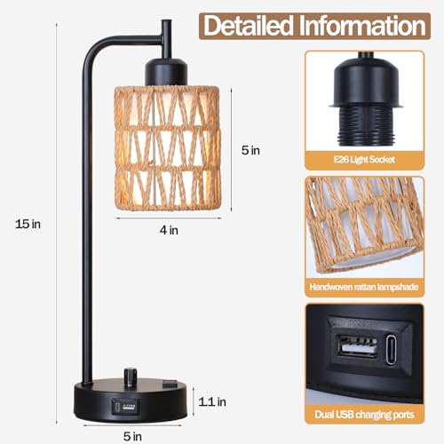 Rattan Table Lamps Set of 2, Boho Desk Lamps with USB Charging Ports and Outlet, Bohemian Bedside Lamps with Rattan & Linen Shade, Farmhouse Black Lamp for Living Room Bedroom Office