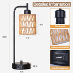 Rattan Table Lamps Set of 2, Boho Desk Lamps with USB Charging Ports and Outlet, Bohemian Bedside Lamps with Rattan & Linen Shade, Farmhouse Black Lamp for Living Room Bedroom Office