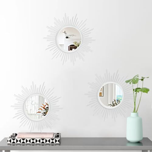 Mirror Wall Decor White Mirrors for Wall Metal Sunburst Mirrors Home Decoration Wall Art Decorative Mirror Suitable for Living Room Bedroom Bathroom Entrance Set of 3 12'' - color: Sunburst-white, size: 3 Set 12"L x 12"W