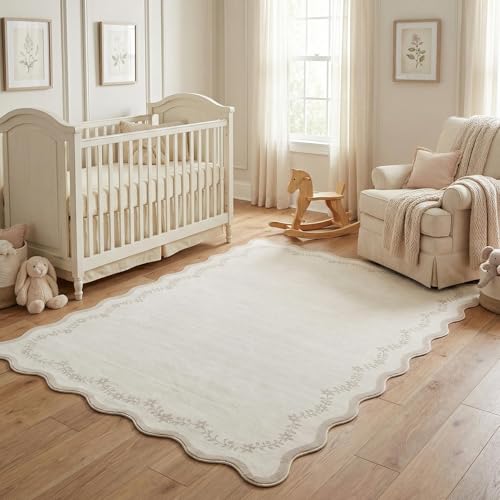 GarveeHome 4x6 Neutral Beige Scalloped Washable Area Rug for Girls Bedroom, Solid Floral Soft Nursery Rug Non Slip Low Pile Small Carpet Stain Resistant Throw Rug for Dorm Kids Room Office Dining Room - color: Beige, size: 4' x 6' (Rectangular)