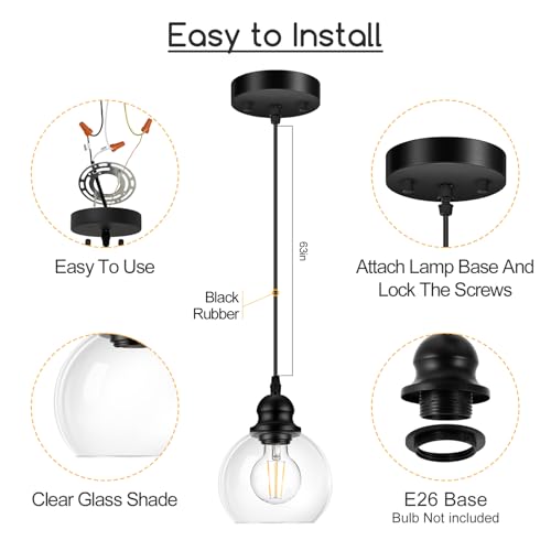 Pendant Lights Kitchen Island, Black Pendant Light with Glass Lampshade, 71 Inch Adjustable Hanging Lamp for Kitchen Living Room, Modern Farmhouse Industrial Ceiling Lighting Fixture(E26 Base,No Bulb) - size: 1Light - D 5.91 IN