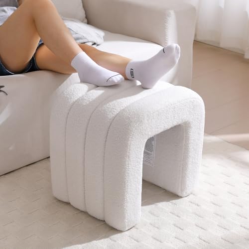 ONEVOG 2-Piece White Boucle Pouf Ottoman Set, 18 Inch Modern Upholstered Small Footrest with Sturdy Wood Frame, Cute Vanity Makeup Seat Footstool for Couch, Living Room, Bedroom, or Dorm Decor - color: White