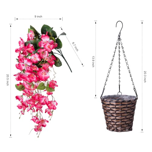Artificial Fake Hanging Hibiscus Flowers Plants Baskets for Outdoor Decoration, Faux Silk Hibiscus Long Vines in Planter UV Resistant Realistic Flowers for Outside Porch Patio Home Decor, Pink - color: Pink