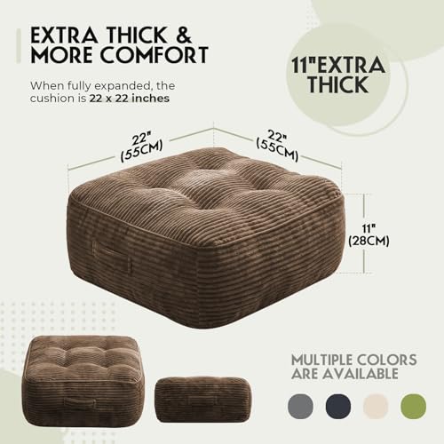 11" Thick Washable Floor Pillow for Adults, Yoga & Meditation Cushion with Handle, Square Large Pillows Seating with Removable Tufted Corduroy Cover for Tatami Living Room Board Games, Brown - color: Brown