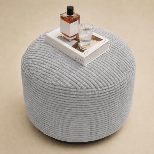 Round Stuffed Pouf Ottoman, Foot Stool Ottoman ,Corduroy Poufs with Foam Chunk Filling, Furry and Fluffy Storage Ottomans, 20 X 15 Floor Poufs Foot Rest for Living Room - color: Grey, size: 20"D x 20"W x 15"H