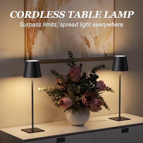 Kakanuo Cordless Rechargeable Table Lamp Black 5000mAh Battery Operated Lamps, 3 Colors Stepless Dimming Touch Lamp for Dining, Living Room, Outdoor Patio, Kitchen Counter, 4 Pack - color: Black 1, size: 4 Pack 14in - Up and Down Light