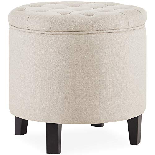 BELLEZE Modern Button Tufted Accent Storage Ottoman, Small Upholstered Circle Pouf Footstool with Lift Top, for Bedroom, Living Room or Vanity, 17-3/4" Round - Lexington (Beige) - color: Beige