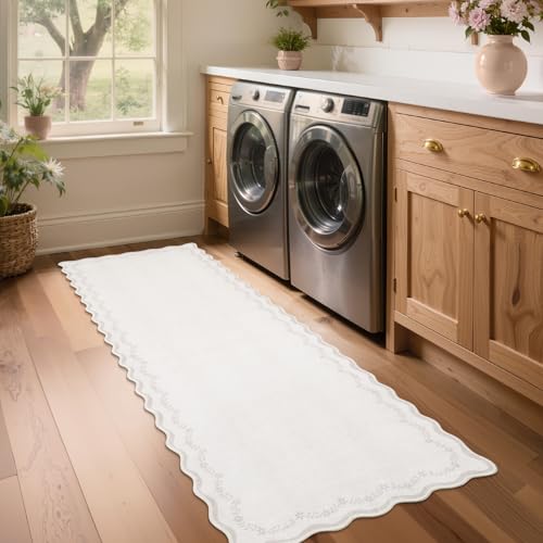 GarveeHome 2x6 Scalloped Washable Runner Rug for Kitchen, Soft Beige Hallway Runner Non Slip Entryway Rug Farmhouse Thin Laundry Mat Stain Resistant Carpet for Bedroom Bathroom Beside Rug - color: Beige, size: 2' x 6' (Rectangular)