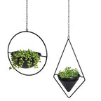 Metal Hanging Planters Set of 2 Modern Indoor Plant Hanger with Round and Diamond Pots, Geometric Small Wall and Ceiling Hanging Plant Holders for Succulents and Herbs, Black Finish - size: CIRCLE+DIAMOND
