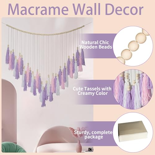 Pink & Purple Macrame Hanging Boho Wall décor, Purple Wall Decor for Bedroom Living Room Girls Room Nursery Large Tassel Hanging with Wood Beads 41" W x 32" H - color: Purple, White, Pink